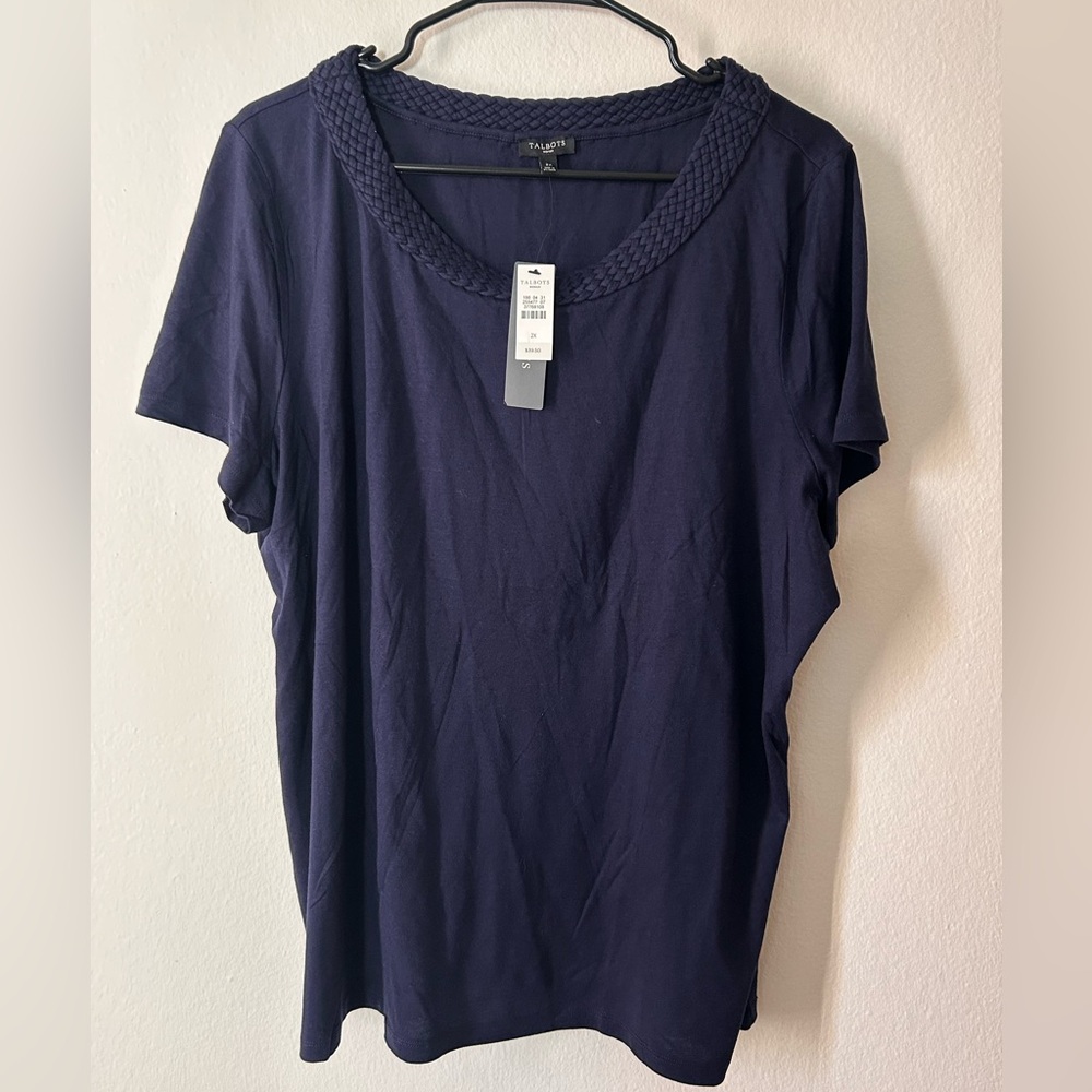 NEW! Talbots Cotton Braided Scoop Neck Short-Sleeve Top in Navy Blue
